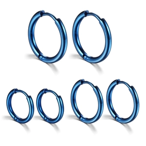 Three pairs of polished blue stainless steel hoop earrings in varying sizes on white background