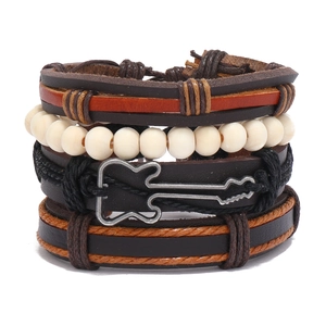 Vintage multilayer leather bracelet set with wooden beads and a metal guitar pendant