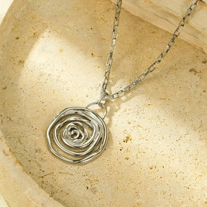 Minimalist silver-tone stainless steel box chain necklace with spiral rose round pendant