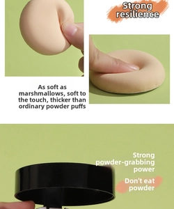 Makroaufnahme von dickem Marshmallow-Make-up-Schwamm mit schwarzer Aufbewahrungsbox