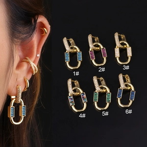 Geometric Interlocking Hoop Earrings Copper Gold Plated Colorful Zircon Bohemian Vintage Fashion Jewelry For Women