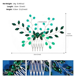 Détails du peigne à cheveux en cristal vert avec dimensions 13x8,5cm et poids de 14g