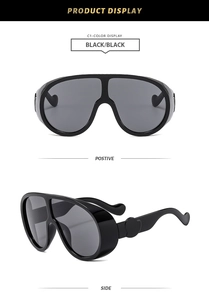 Front and side views of chunky black oversized shield sunglasses with thick frames