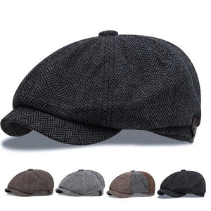 Vintage Newsboy Cap Wool Blend Herringbone Pattern Gatsby Hat Eight Panel British Retro Cabbie Flat Cap
