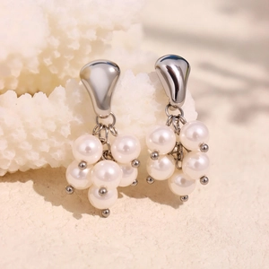 Elegant tiger eye grape pearl earrings for women with polished silver metal finish