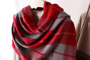 Detail view of red and grey plaid scarf featuring warm cashmere-like fabric and tassels