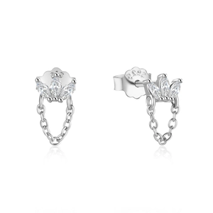Detail of S925 sterling silver crown earrings with marquise zircon and chain tassel