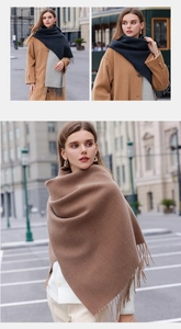 Detailed views of double-sided gray and camel cashmere-style scarves with fringe