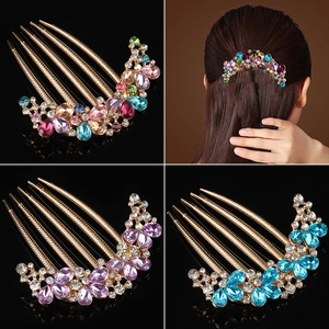 Vintage alloy rhinestone hair combs in gold with colorful crystals for elegant updos