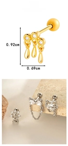Macro detail of titanium steel screw-back earrings with zircon tassel and Ferris wheel design
