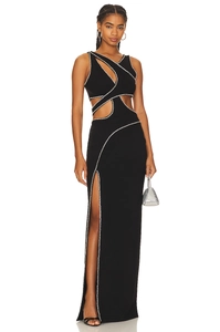 Detail of sexy black sleeveless dress featuring rhinestones and side cutouts with high slit