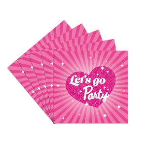 Pink striped party napkins with a heart design and Let's Go Party text detail