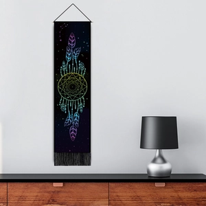 Nordic dream catcher feather tapestry with starry sky background and black tassel decor