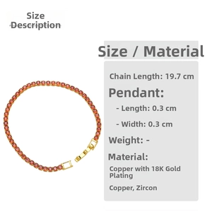 Macro detail of gold tennis bracelet showing 0.3cm width and 19.7cm length dimension