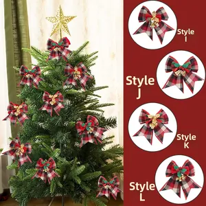 Detail view of plaid Christmas bows with golden bells and berries for tree decoration