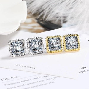 Elegant square zircon stud earrings set in silver and gold plating with micro-beaded edges