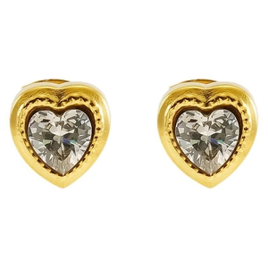 Minimalist gold heart stud earrings with cubic zirconia stones on white background