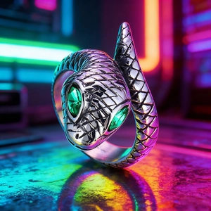 Silver snake ring with green stone eyes and scales on a neon cyberpunk background