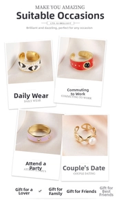 Collage of four gold-plated fashion rings with enamel, natural stone, and pearl details