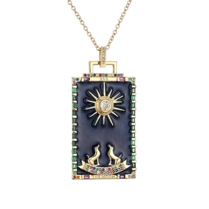 Golden sun and dog tarot pendant necklace with blue enamel and colorful zircon stones