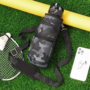 Detail of camo neoprene water bottle sleeve with zipper pocket on outdoor grass