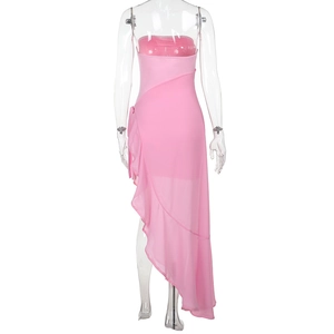 Detail of pink strapless dress featuring asymmetric ruffles and streamlined layered design