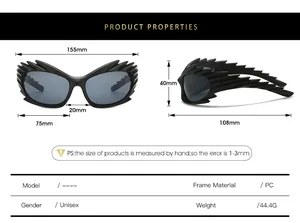 Size chart for PC cycling sunglasses showing 155mm frame width and 108mm temple length