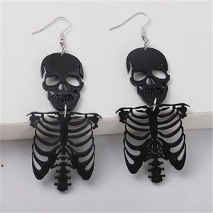 Gothic punk black skeleton dangle earrings featuring skull and ribcage design for Halloween