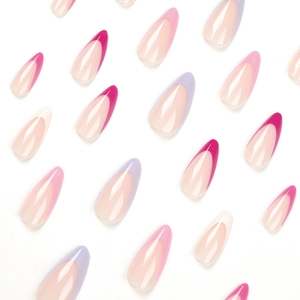 Almond-shaped French press-on nails in pastel pink and purple set on white background