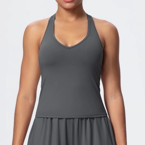 Detailed close-up of dark grey V-neck sports bra with high-elastic brushed fabric texture