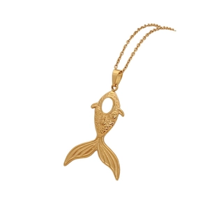 Golden fish pendant necklace with hollow design and delicate chain on white background