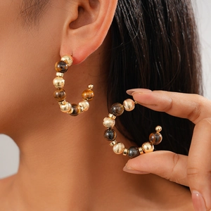 Tiger's Eye Stone C Shaped Hoop Earrings With 925 Sterling Silver Earring Post Faux Artificial Pearl Copper Beads For Women