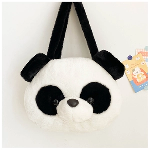 Detailed close-up of a plush panda head handbag with black ears and soft white faux fur