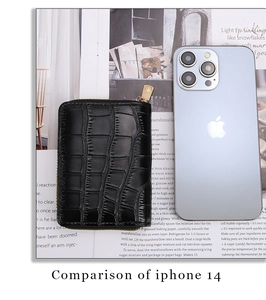 Mini black crocodile pattern card holder wallet compared with iPhone 14 for size reference