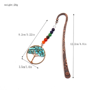 Detailed size specifications for the bronze tree of life crystal bookmark and chakra beads