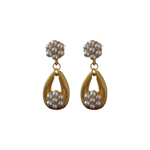 Vintage gold pearl flower drop earrings with elegant hollow teardrop design for women