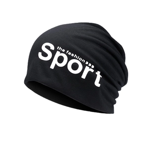 Minimalist black knitted sports slouchy beanie hat featuring white Sport text print