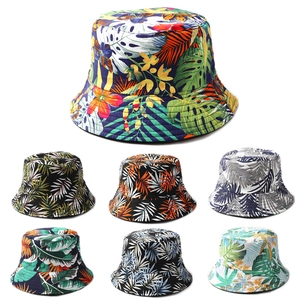 Reversible Bucket Hat Cotton Linen Tropical Leaf Print Sun Protection Wide Brim Outdoor Beach Casual For Women