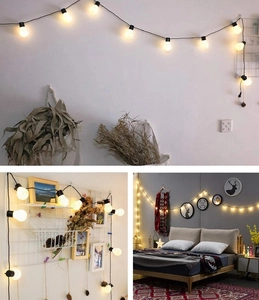 Three scenes showing warm white G50 LED solar string lights for garden and bedroom decor