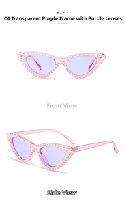 Macro detail of cat-eye sunglasses with pink transparent frame and pearl embellishments