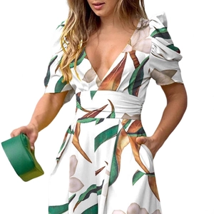 Women's V-neck floral puff sleeve jumpsuit with leaf print and elastic waist design