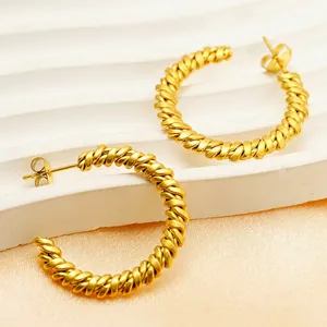 Retro 18K gold plated stainless steel twisted rope hoop earrings for women in chic design