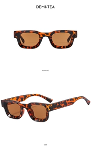 Detailed front and side view of demi-tea tortoiseshell rectangular punk sunglasses