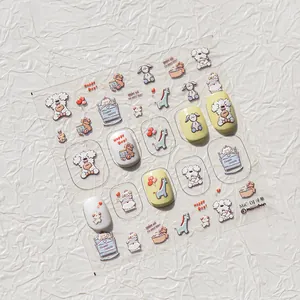 Detail showing 3D embossed nail stickers with cute cartoon dogs and rabbits designs