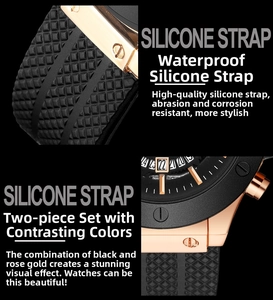 Detailed close-up of men's sports watch with black silicone strap and rose gold bezel
