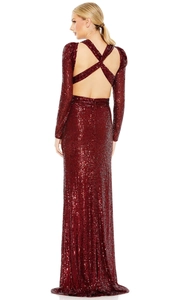 Sparkly burgundy sequin evening gown featuring a sexy backless cross design and high slit