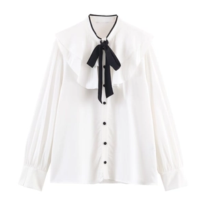 Women Long Sleeve Blouse Polyester Contrast Bow Tie Ruffle Collar Button Down Elegant Casual Sweet White Shirt