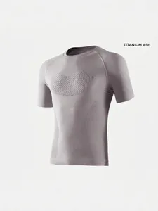 Men's titanium ash compression sports t-shirt with breathable quick-dry mesh texture