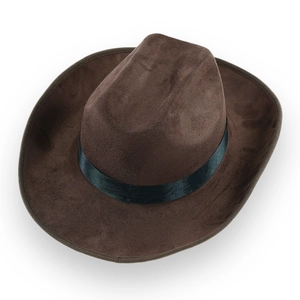 Detail of dark brown faux suede cowboy hat featuring a black ribbon and classic dented crown