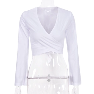 Crop top blanc sexy à manches longues avec laçage et manches évasées pour femme
